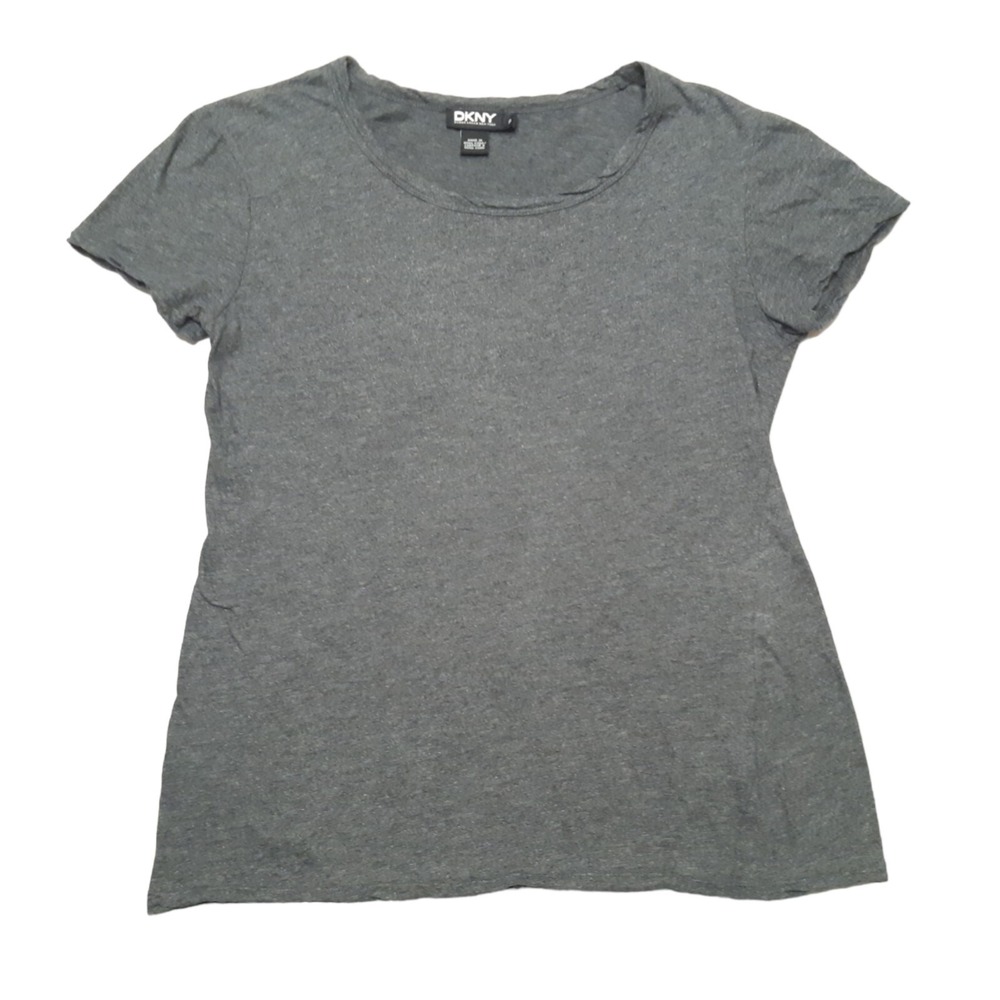 DKNY Shirt Womens Petite SP Gray Cotton Short Sleeve Crew Neck Charcoal Heather